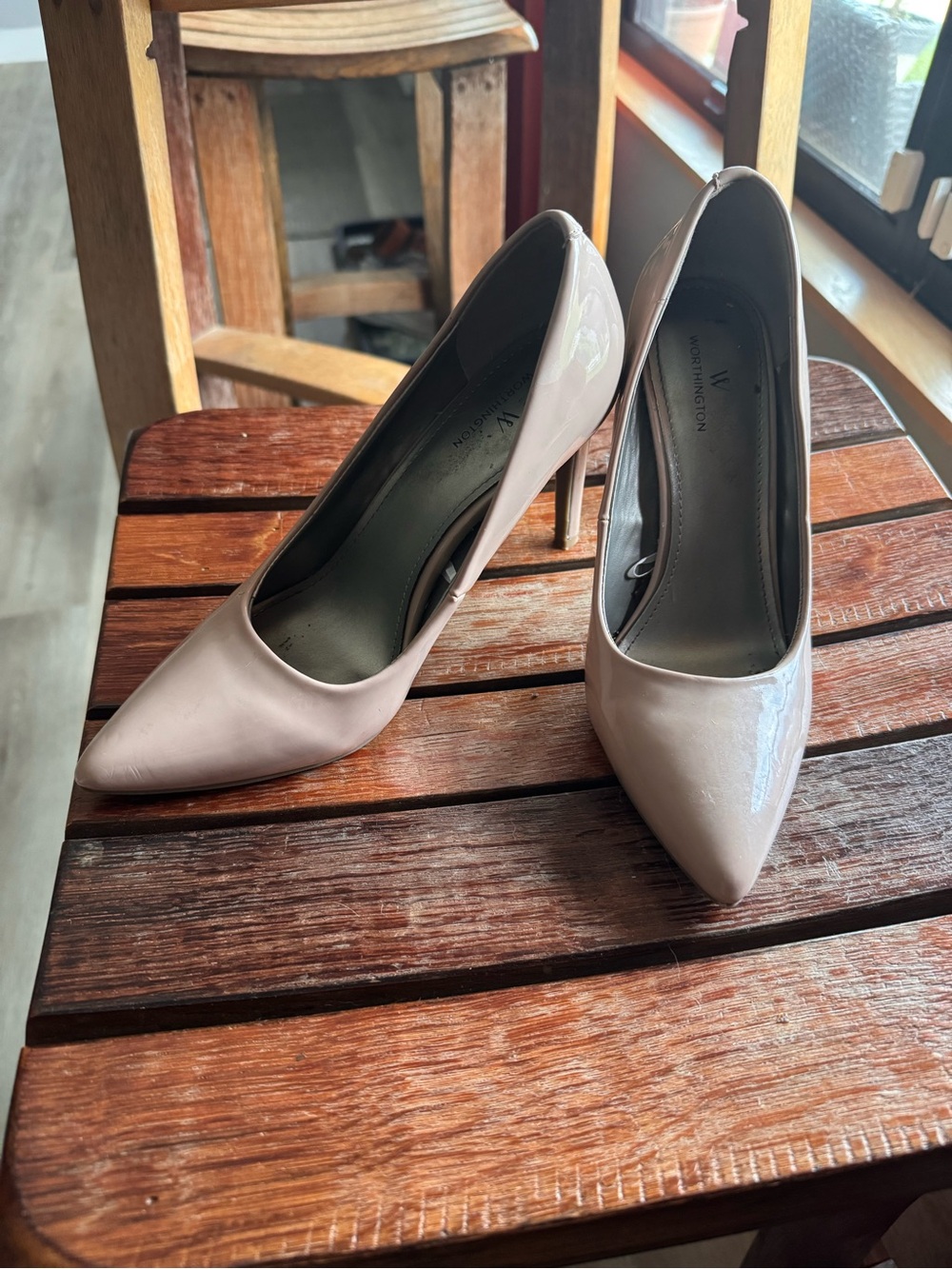 Worthington Patent Pointed-Toe Pumps in Blush
